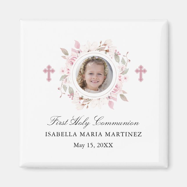 First Communion Photo Pink Flower Cross Favor Magnet (Front)