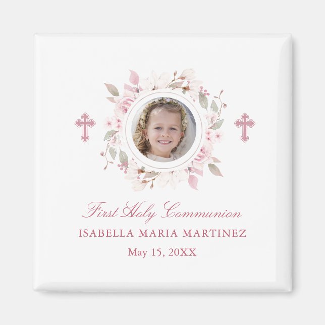 First Communion Photo Pink Flower Cross Favor Magnet (Front)
