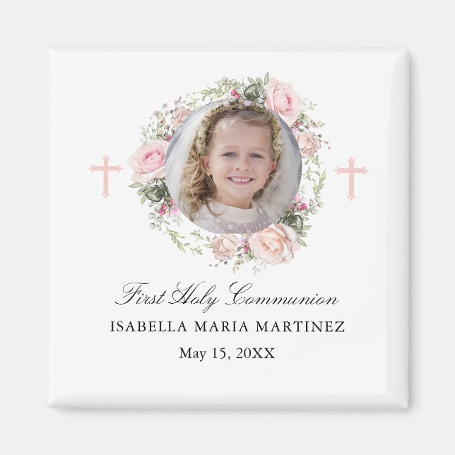 First Communion Photo Rose Flower Cross Favor Magnet (Front)