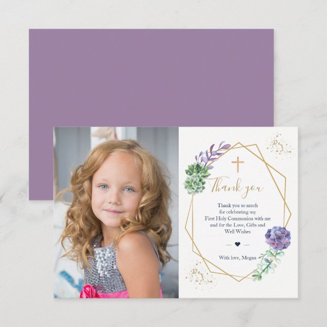 First Communion Photo Thank you Purple Succulents Invitation (Front/Back)