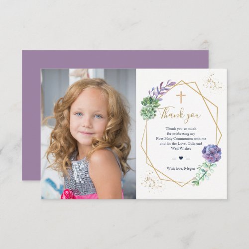 First Communion Photo Thank you Purple Succulents Invitation