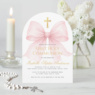 First Communion Pink Bow and Faux Gold Cross Girl Invitation