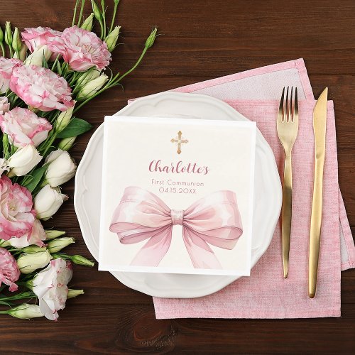 First Communion pink bow cream cross luncheon