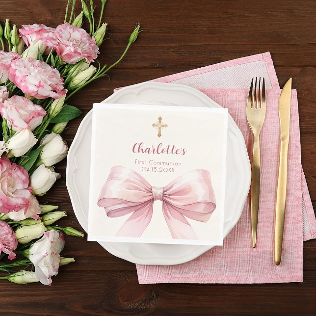First Communion pink bow cream cross luncheon Napkins (Creator Uploaded)