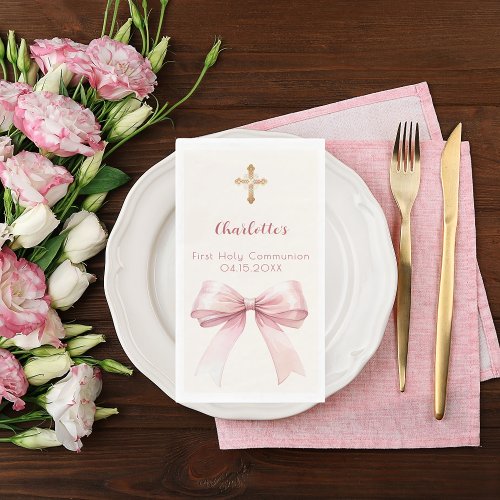 First Communion pink bow cream cross