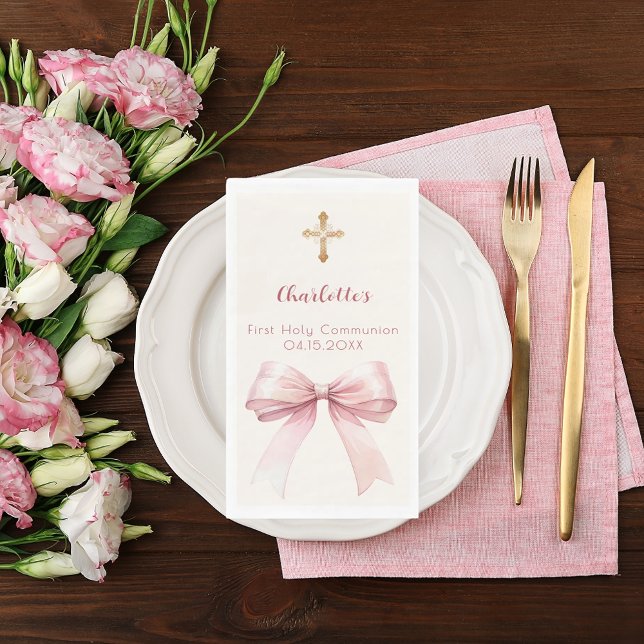 First Communion pink bow cream cross Paper Guest Towels (Creator Uploaded)