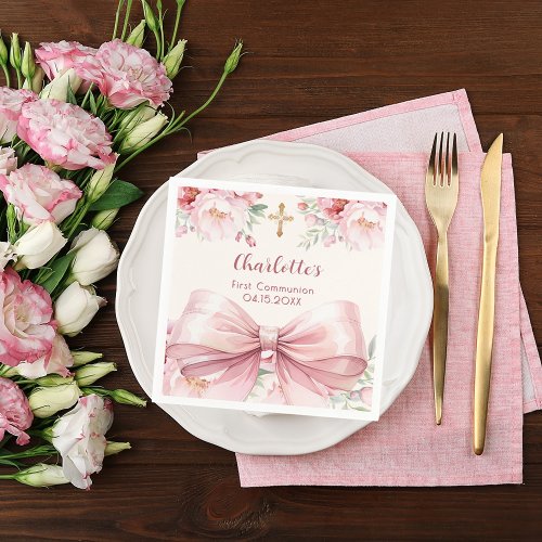 First Communion pink bow cream florals
