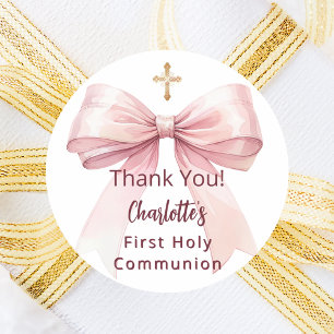 First Communion pink bow girl cross thank you Classic Round Sticker