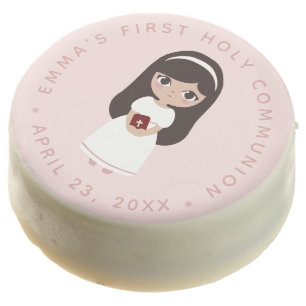 First Communion Pink Brunette Girl White Dress     Chocolate Covered Oreo