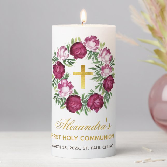 First Communion Pink Burgundy Floral Wreath Girl Pillar Candle (In Situ)
