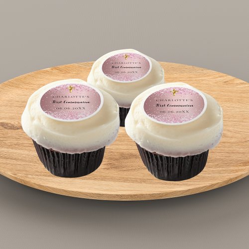 First Communion pink confetti name girl Edible Frosting Rounds