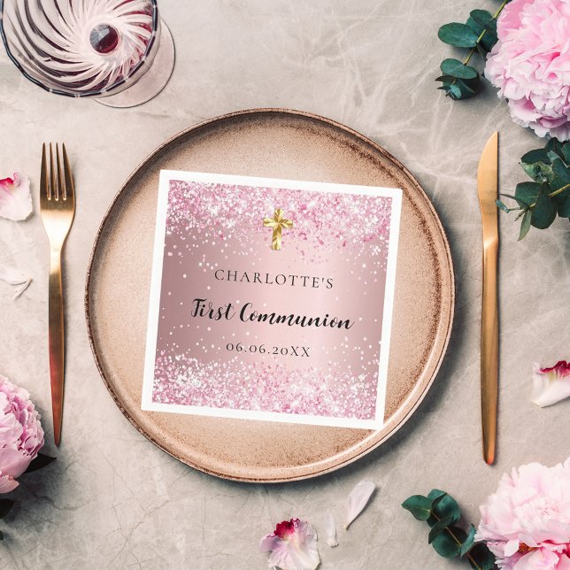 First Communion pink confetti name girl Napkins (Creator Uploaded)