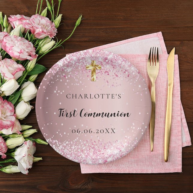 First Communion pink confetti name girl Paper Plates (Creator Uploaded)