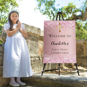 First Communion pink confetti welcome Foam Board