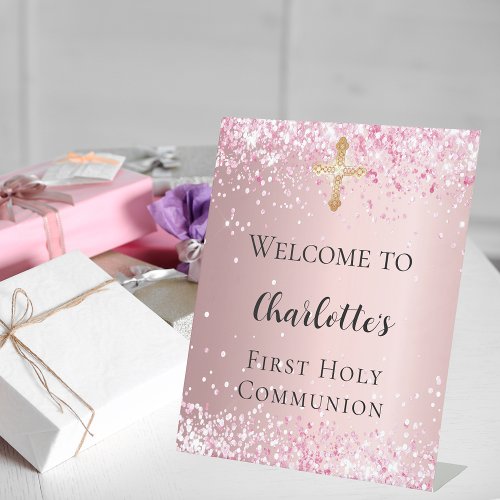 First Communion pink confetti welcome Pedestal Sign