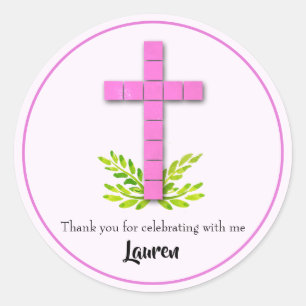 First Communion Pink Cross Classic Round Sticker