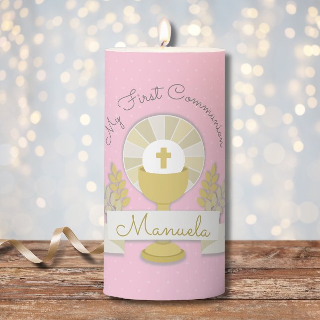 First communion, pink first communion pillar candle (Creator Uploaded)