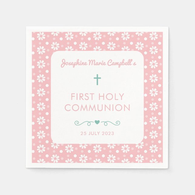 First Communion Pink Floral Girl Religious Baptism Napkins (Front)