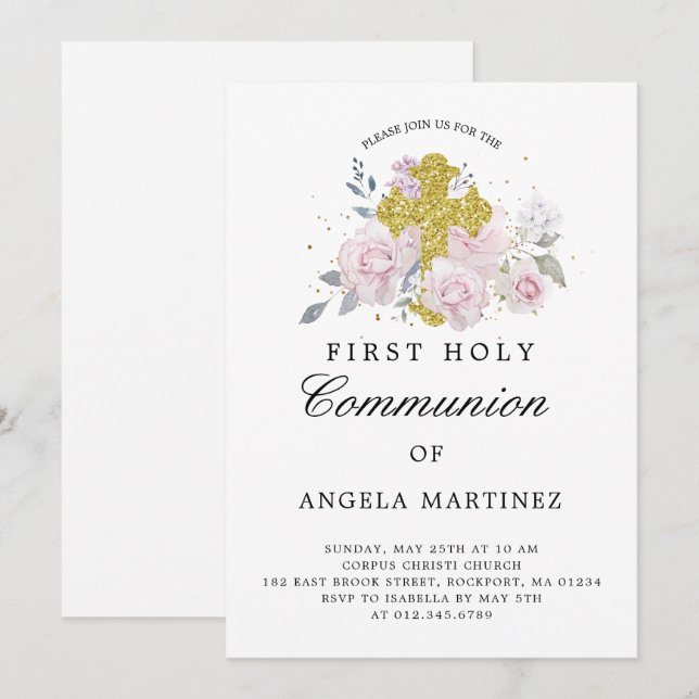 First Communion Pink Floral Gold Cross Invitation (Front/Back)