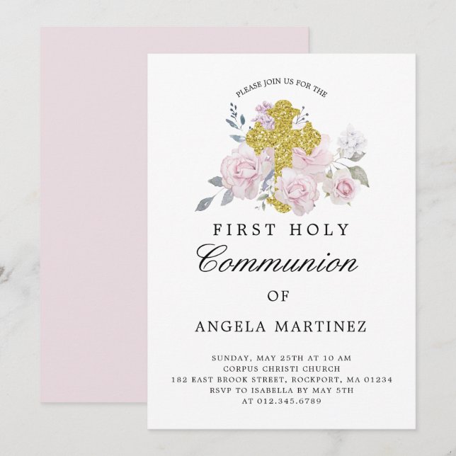 First Communion Pink Floral Gold Cross Invitation (Front/Back)