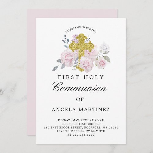 First Communion Pink Floral Gold Cross Invitation