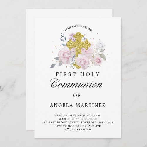 First Communion Pink Floral Gold Cross Invitation
