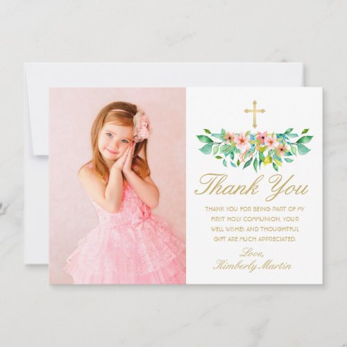 First Communion Pink Floral Gold Cross Photo Thank You Card
