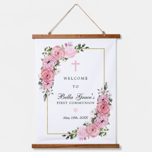 First Communion Pink Floral Keepsake Welcome Sign Hanging Tapestry