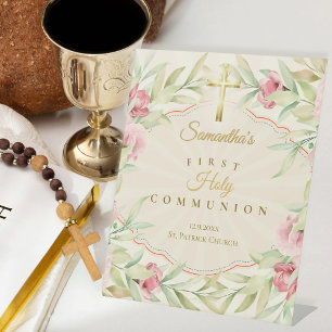 First Communion Pink Floral Watercolor Gold Cross Pedestal Sign