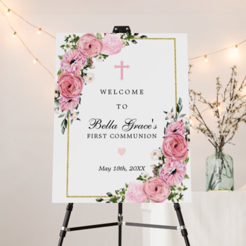 First Communion Pink Floral Welcome Foam Board