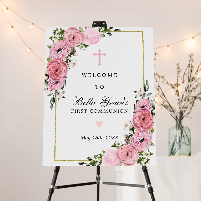 First Communion Pink Floral Welcome Foam Board (In Situ (Stand))