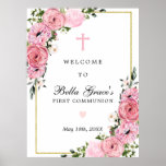 First Communion Pink Floral Welcome Sign at Zazzle