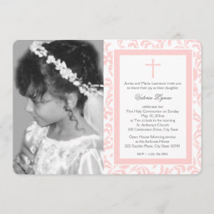 First Communion Pink Floral with Photo Invitation