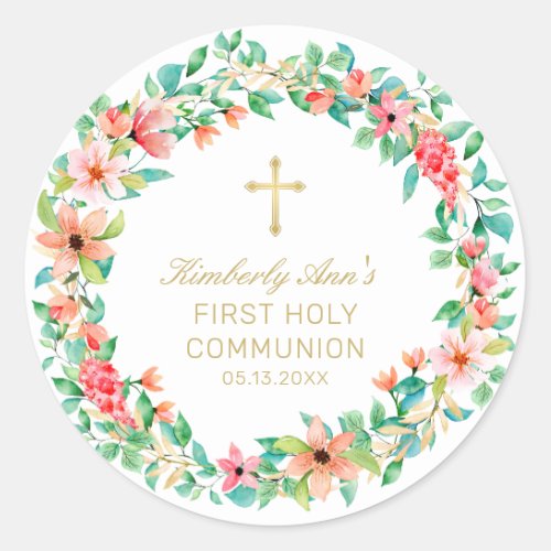 First Communion Pink Floral Wreath Gold Cross Name Classic Round Sticker