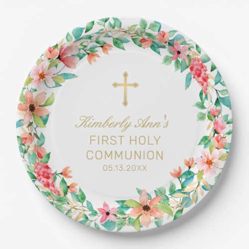 First Communion Pink Floral Wreath Gold Cross Name Paper Plates