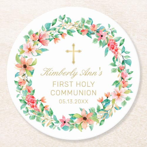First Communion Pink Floral Wreath Gold Cross Name Round Paper Coaster