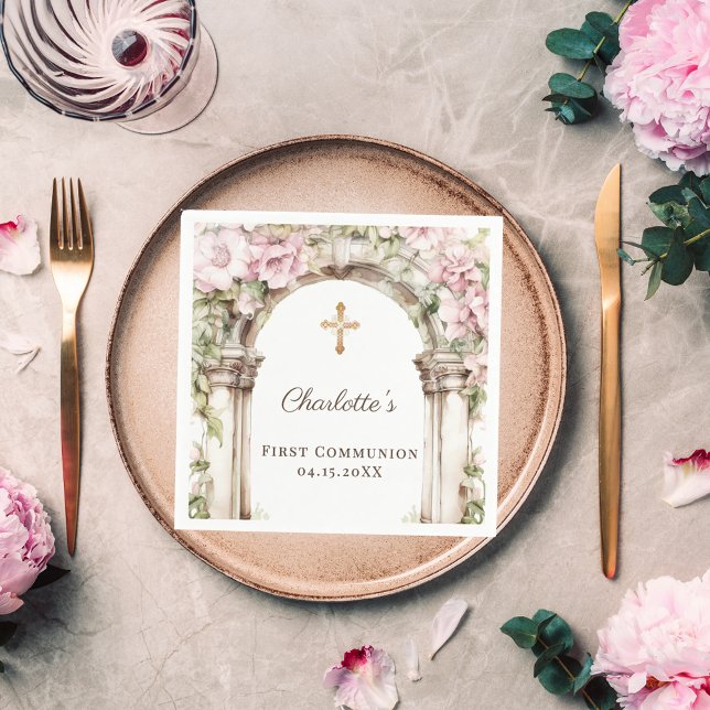 First Communion Pink Florals Arch Cross Luncheon Napkins (Creator Uploaded)