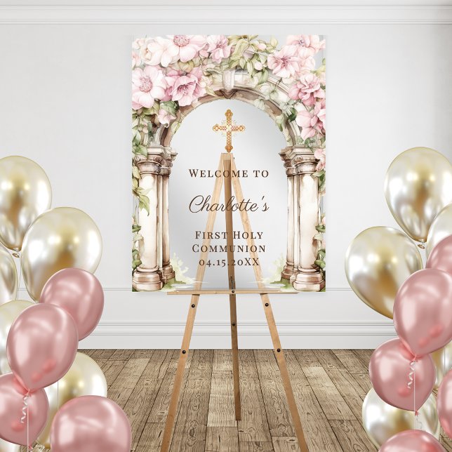 First Communion Pink Florals Arch Cross Welcome Acrylic Sign (Creator Uploaded)