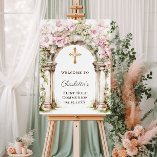 First Communion Pink Florals Arch Cross Welcome Foam Board