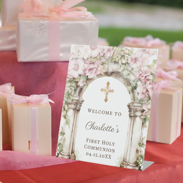 First Communion Pink Florals Arch Cross Welcome Pedestal Sign (Creator Uploaded)