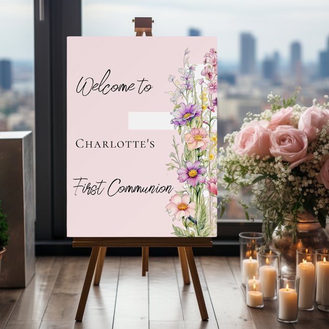First Communion pink florals cross welcome sign (Creator Uploaded)