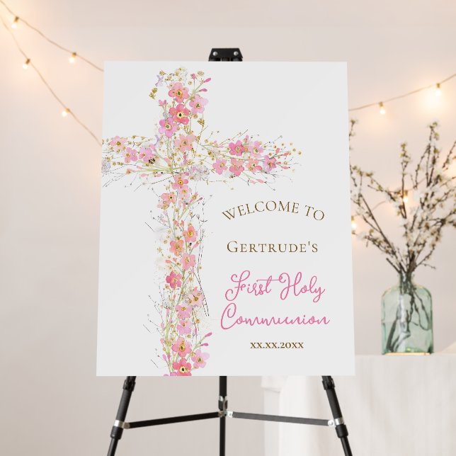 First Communion pink flowers cross welcome sign (In Situ (Stand))