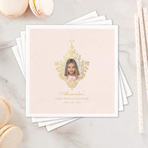 First Communion Pink Girl Photo Faux Gold Cross Napkins