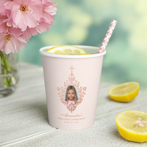 First Communion Pink Girl Photo Rose Gold Cross Paper Cups
