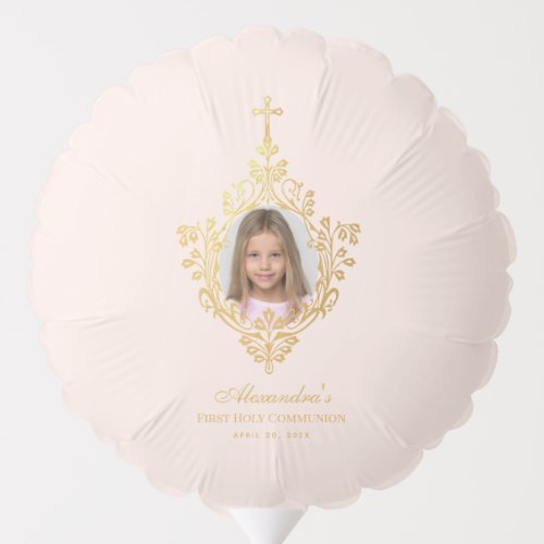 First Communion Pink Girl Photo Vintage Faux Gold Balloon