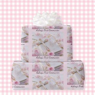 First Communion Pink Girl's Add Name Wrapping Paper