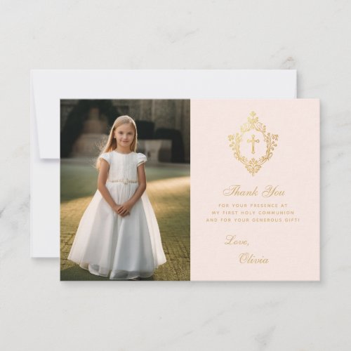 First Communion Pink Gold Elegant Girl Photo Crest Thank You Card