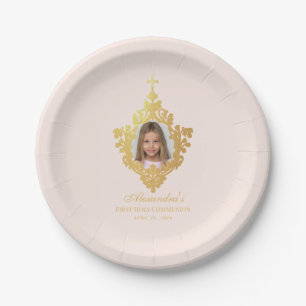 First Communion Pink Gold Girl Photo Vintage Crest Paper Plates