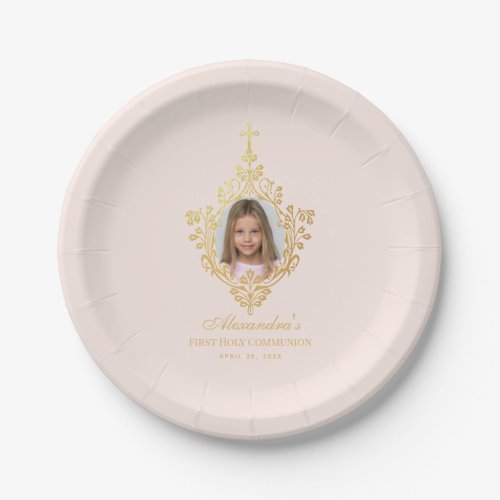 First Communion Pink Gold Girl Photo Vintage Crest Paper Plates