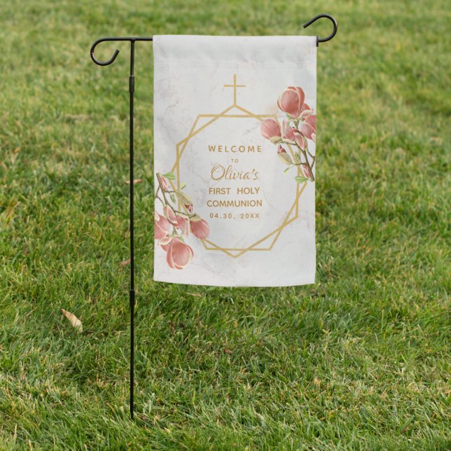 First Communion Pink Magnolia Gold Floral White Garden Flag (In SItu)